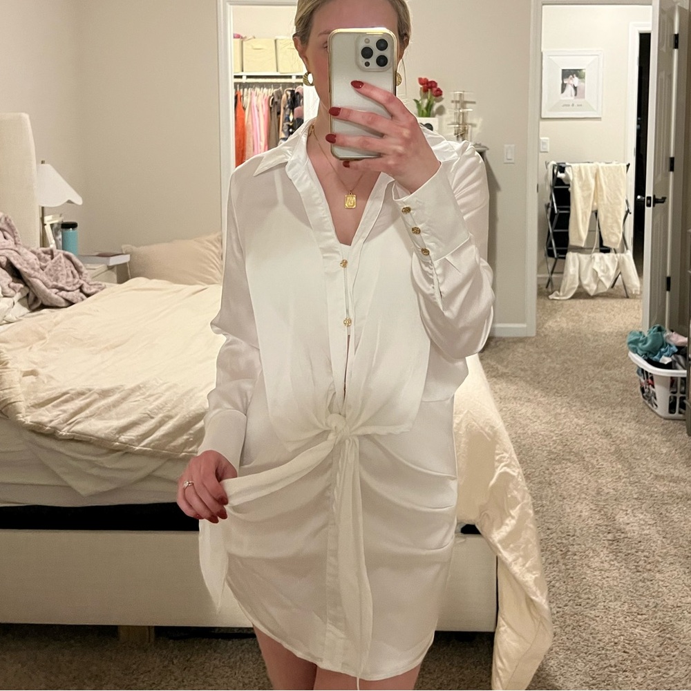 NWT White silk button tie front dress